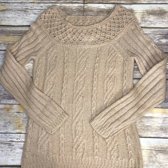 Ann Taylor LOFT Cable Knit Tan Mohair Blend Open Knit Boat Neck Sweater Tunic - Picture 1 of 9